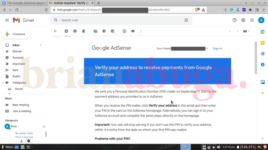 Adsense verification email