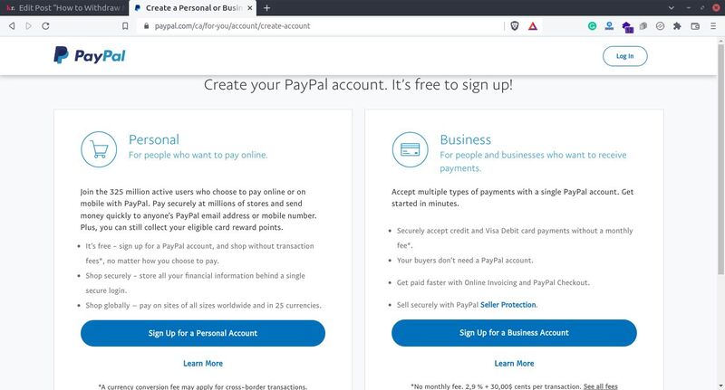 PayPal sign up page