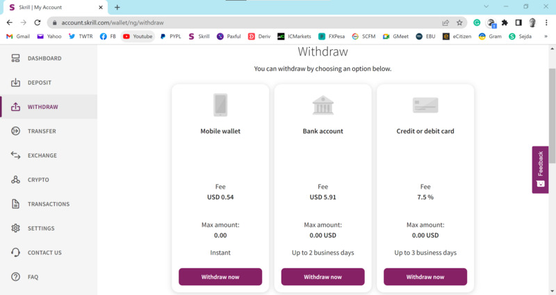 Skrill withdrawal screen on desktop