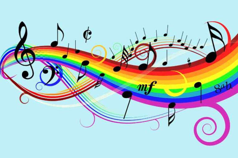 Rainbow with music sheet icons