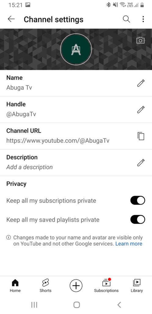 Youtube channel settings on a phone