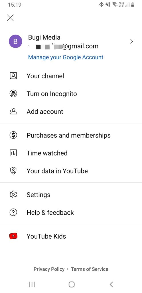YouTube setting menu on Android
