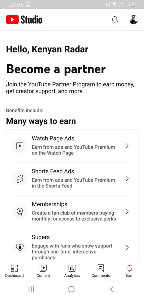 Youtube Studio app Partner Program