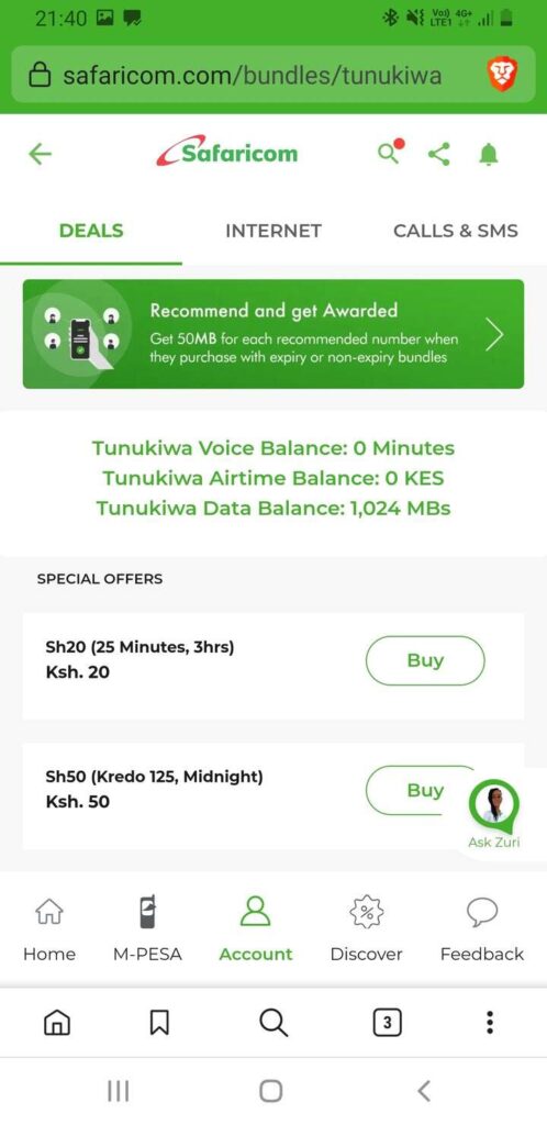 Safaricom balances on browser