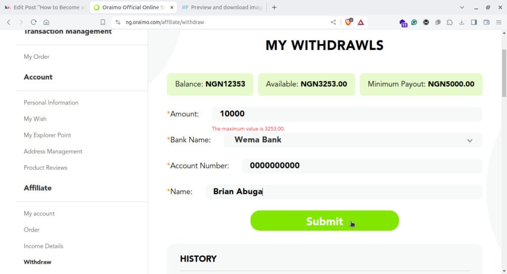 How to withdraw money on Oraimo affiliate