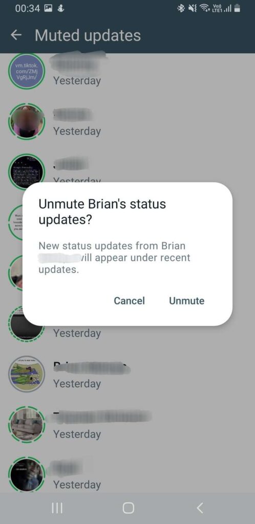 Unmuting a contact on WhatsApp status