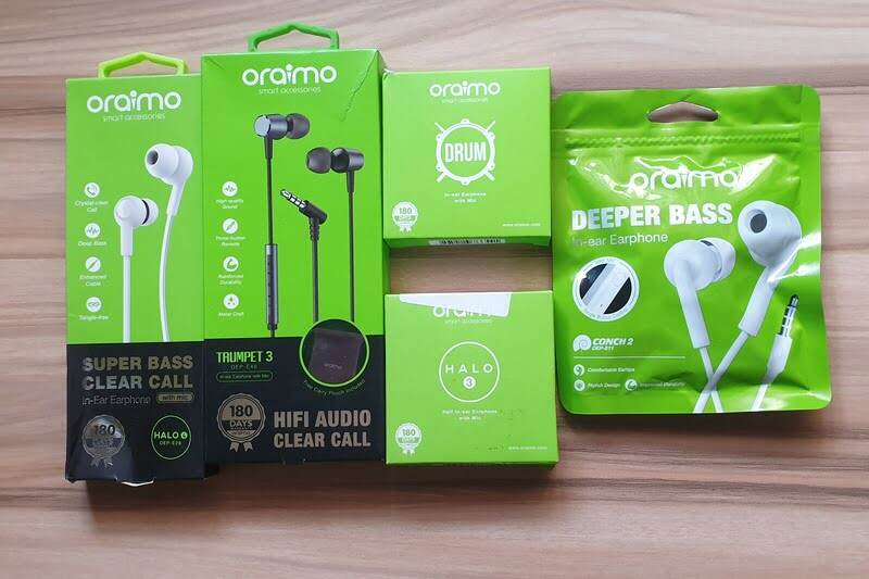 Oraimo earphones in their respective packaging