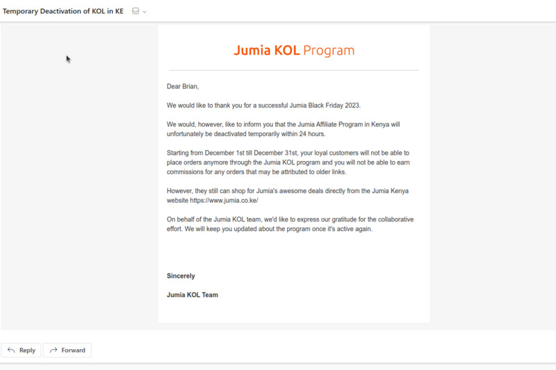 Jumia KOL Program Email