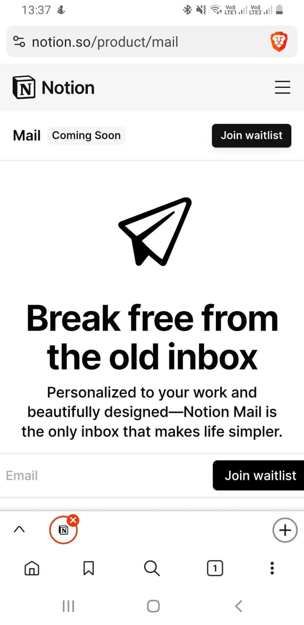 Notion Mail page asking to join waitlist